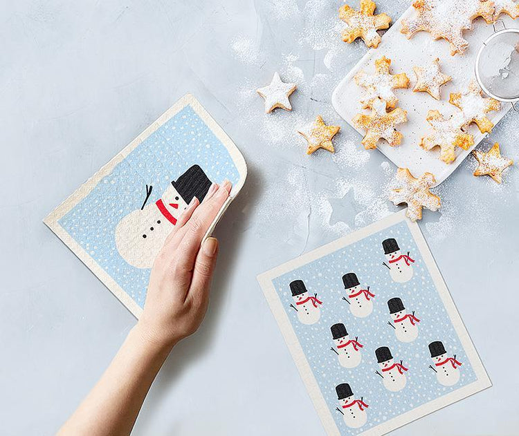 Set of 2 Square Hat Snowman Swedish Sponge Cloth