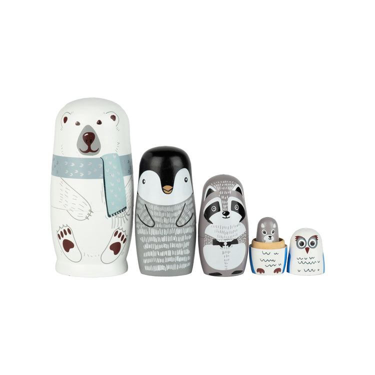 Set of 5 Printed Wood Nesting Northern Animal Dolls