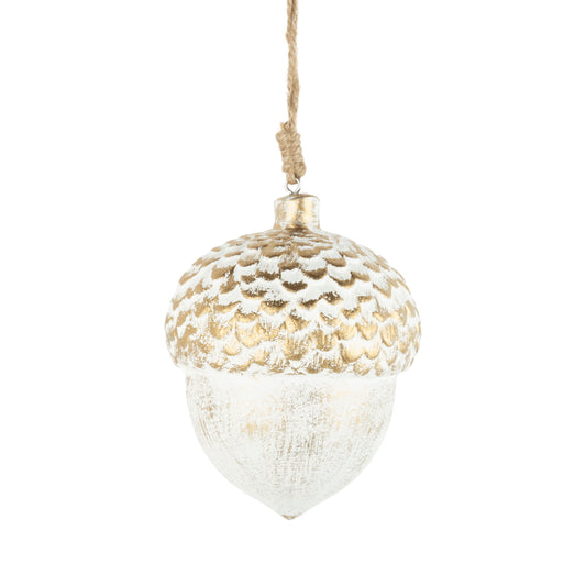 Hollow Wood White and Gold Acorn Ornament