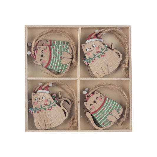 Set of 8 Printed Wood Cat Ornaments