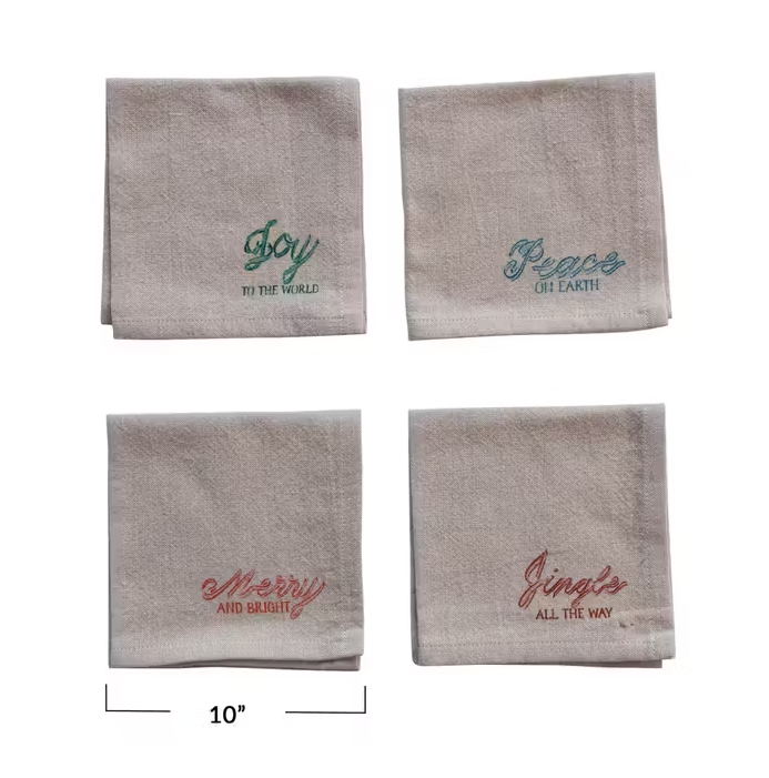 Set of 4 Cotton Chambray Printed Cocktail Napkins W/ Holiday Saying