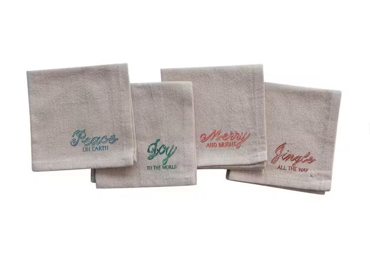 Set of 4 Cotton Chambray Printed Cocktail Napkins W/ Holiday Saying