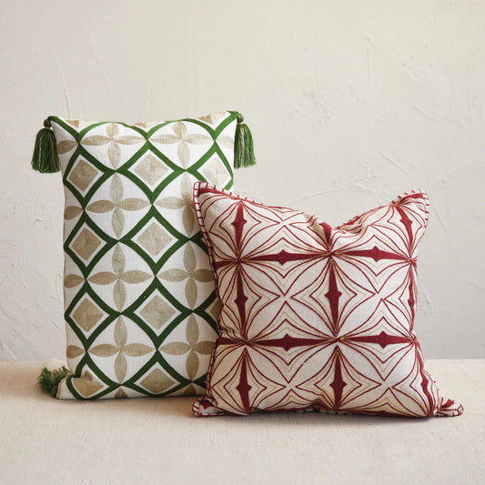 18" Square Cotton & Linen Red Embroidered Pillow w/ Metallic Gold Thread