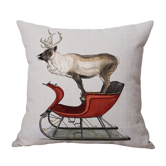 18"x18" Reindeer On Sleigh Decorative Pillow, Indoor/Outdoor