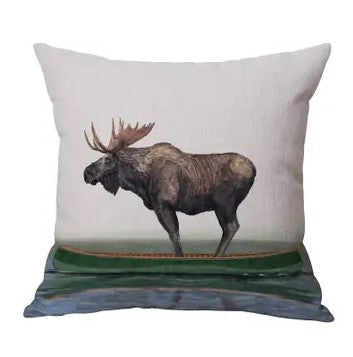 18"x18" Moose In Canoe Decorative Pillow, Indoor/Outdoor