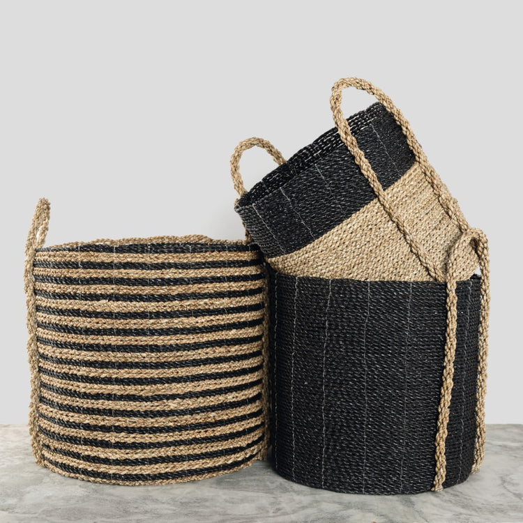 Small Handled Seagrass Basket, Natural/Black