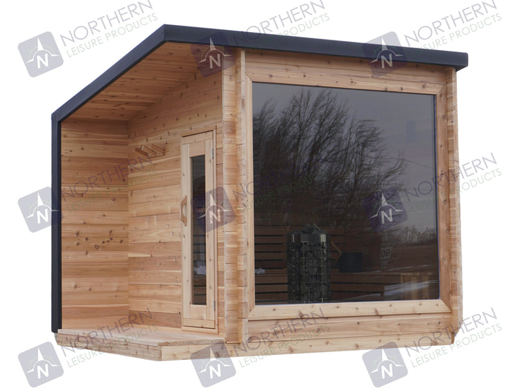 8' Red Cedar Modern Panoramic Sauna With 2' Porch