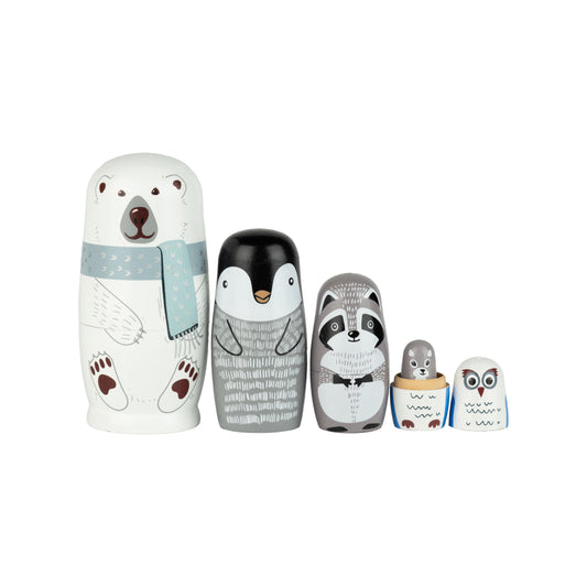 Set of 5 Printed Wood Nesting Northern Animal Dolls