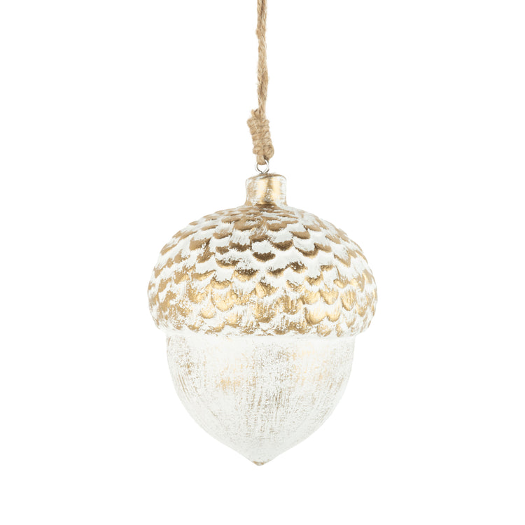 Hollow Wood White and Gold Acorn Ornament