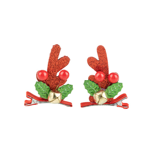 Red Sequin Reindeer Antler Fabric Hair Clips