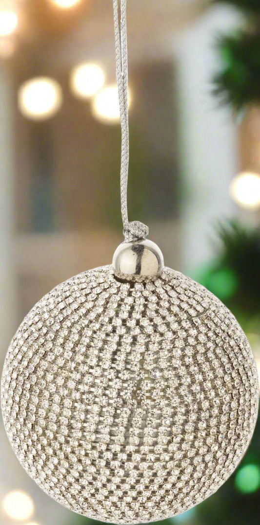 Brilliant Cut Clear Rhinestone Wrapped Silver Ball Ornament