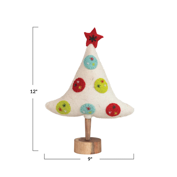 Handmade Wool Felt Tree w/ Star, Applique, Embroidery & Wood Base