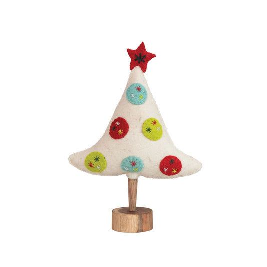 Handmade Wool Felt Tree w/ Star, Applique, Embroidery & Wood Base