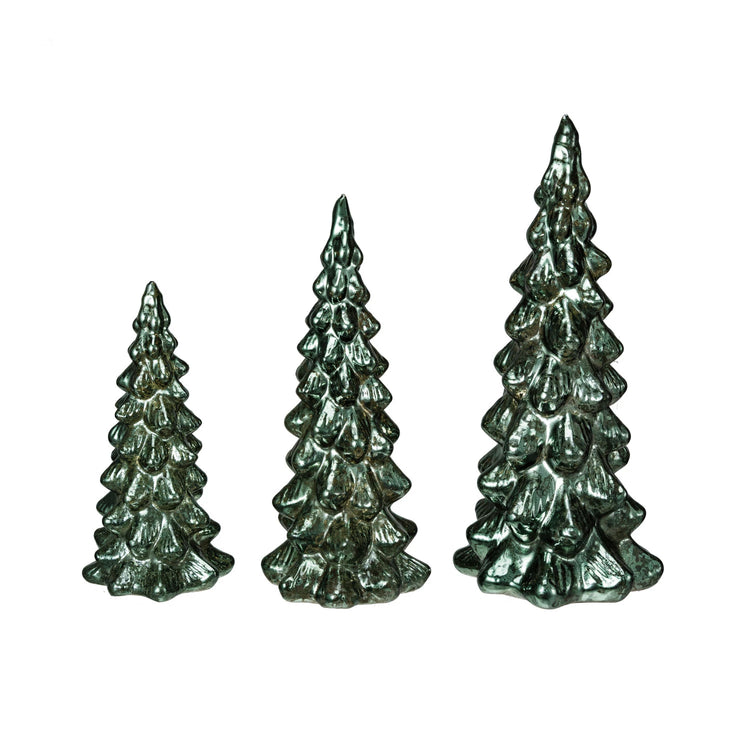 Set of 3 Round Mercury Glass Led Trees, Green