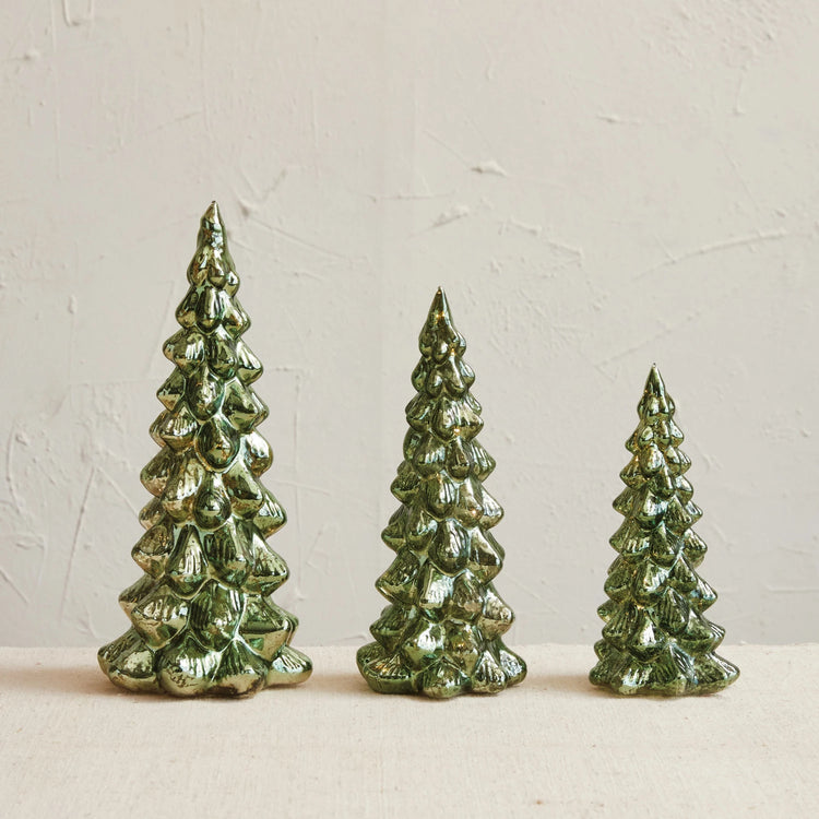 Set of 3 Round Mercury Glass Led Trees, Green