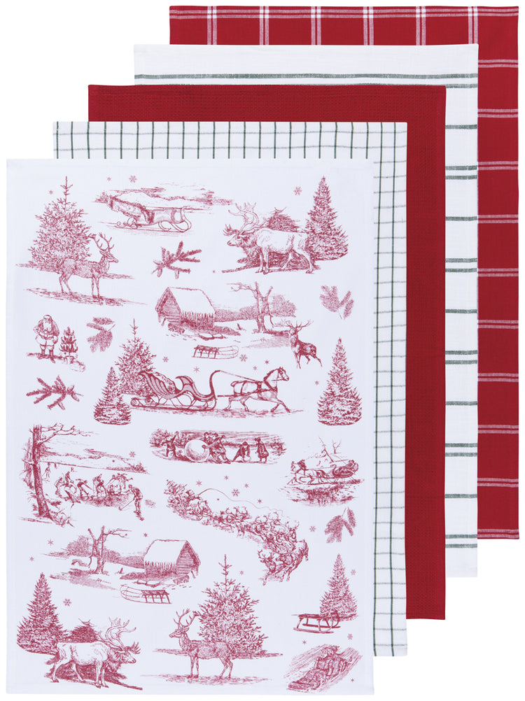 Set of 5 Winter Toile Woven and Print Dishtowels