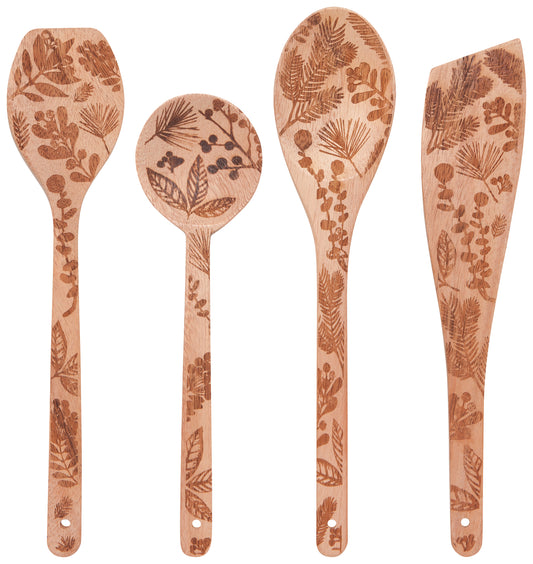 Set of 4 Winterberry Engraved Neem Wood Christmas Utensils