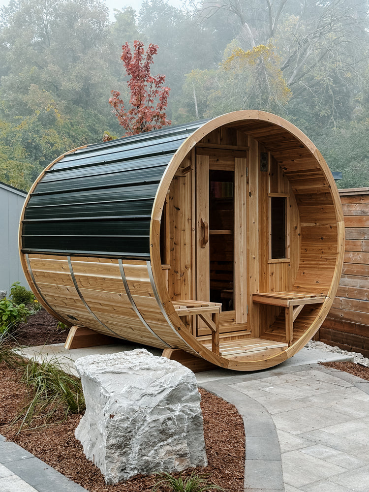 8' Red Cedar Panoramic Barrel Sauna With 2' Porch