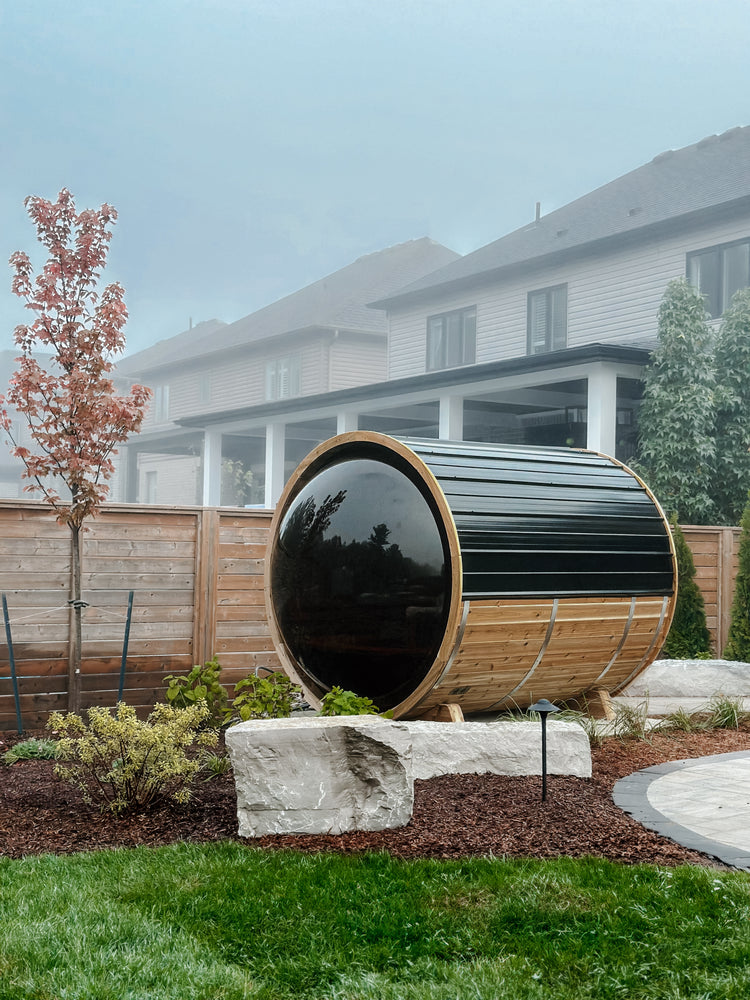 6' Red Cedar Panoramic Barrel Sauna With 2' Porch