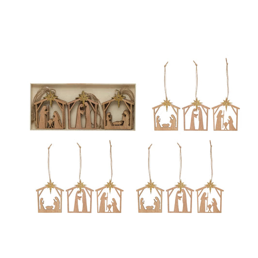 Set of 9 Wood Laser Cut Nativity Ornaments W/ Gold Glitter Star