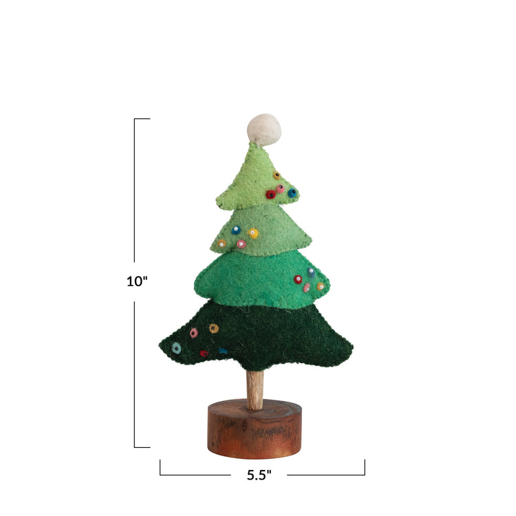 Handmade Wool Felt Tree w/ Beads, Pom Pom & Wood Base