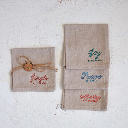 Set of 4 Cotton Chambray Printed Cocktail Napkins W/ Holiday Saying