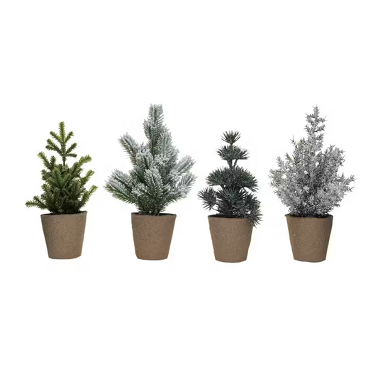 Faux Pine Tree in Paper Pot, Snow/Frost Finish, 4 Styles