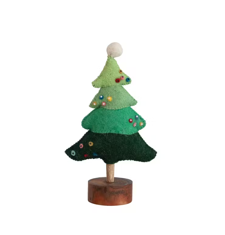 Handmade Wool Felt Tree w/ Beads, Pom Pom & Wood Base