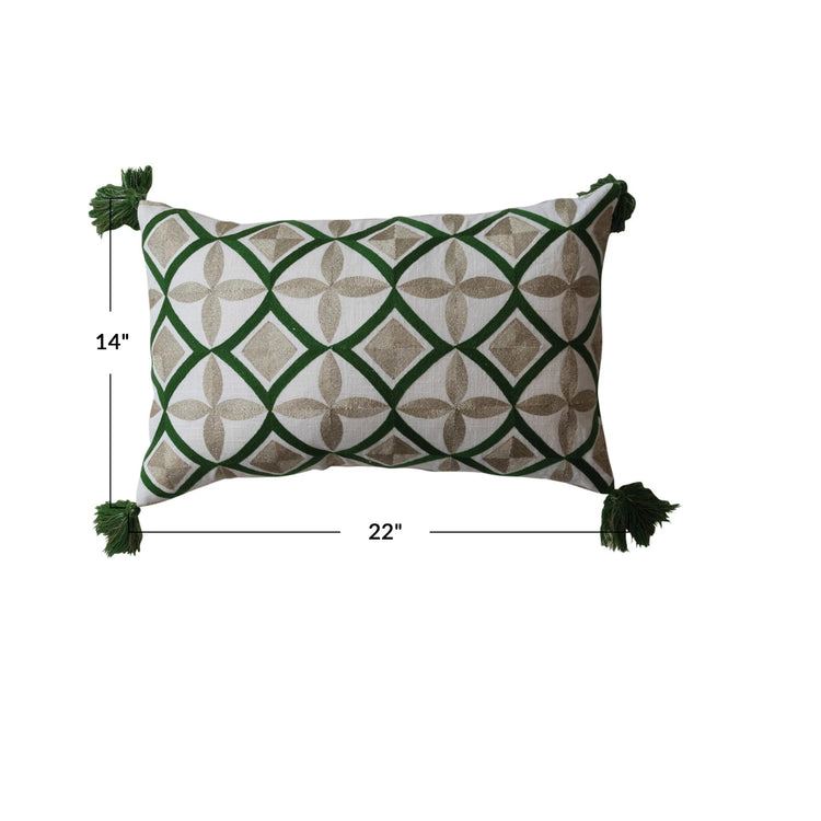 Cotton Green Embroidered Lumbar Pillow w/ Metallic Gold Thread & Tassels