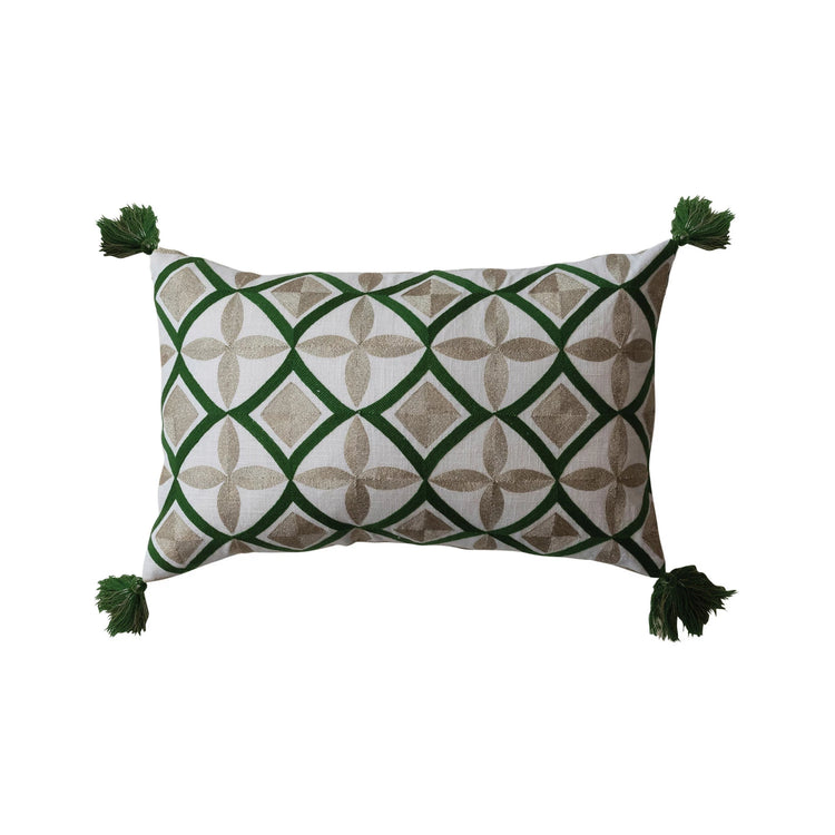 Cotton Green Embroidered Lumbar Pillow w/ Metallic Gold Thread & Tassels