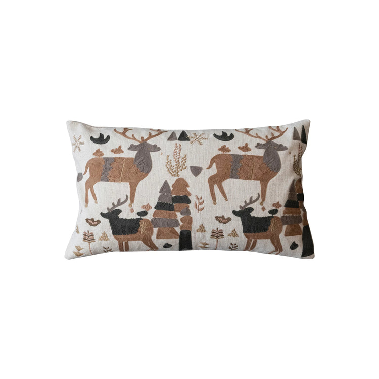 Cotton & Linen Lumbar Pillow W/ Embroidered Reindeer Pattern