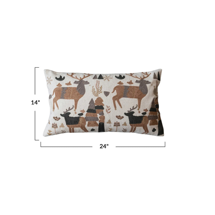 Cotton & Linen Lumbar Pillow W/ Embroidered Reindeer Pattern