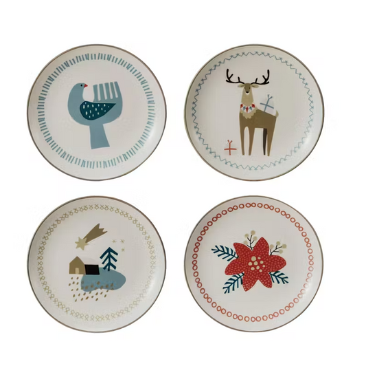 Assorted 5" Round Stoneware Plate W/ Holiday Image & Patterned Edge, 4 Styles